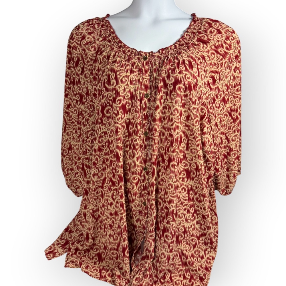 Catherines Maggie Barnes Red Peasant Boho Smocked Blouse Top 3X 26/28W Plus Size